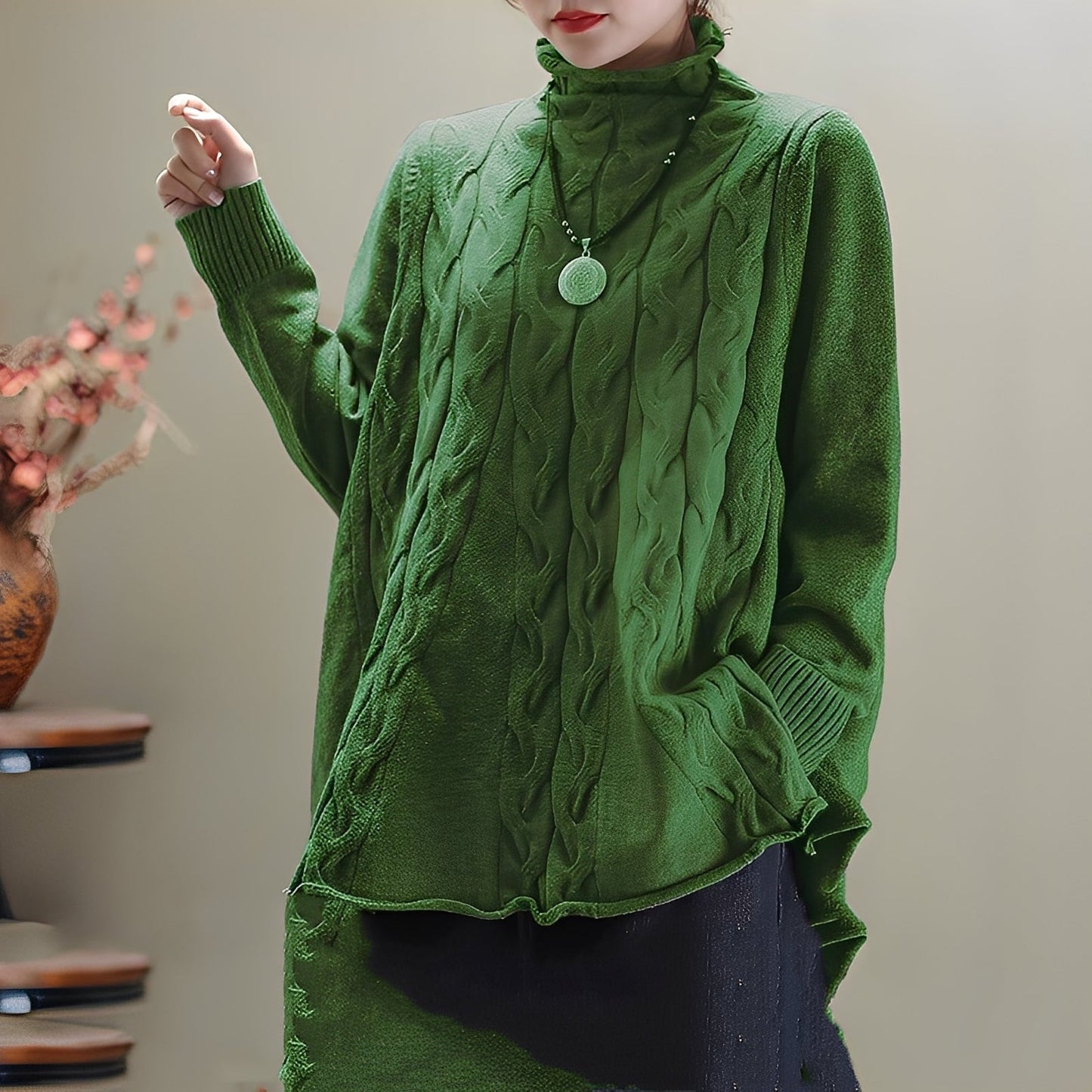 Merla - Maglione casual a collo alto con spacco laterale per donna