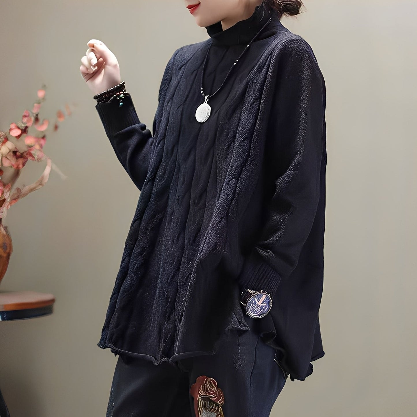 Merla - Maglione casual a collo alto con spacco laterale per donna