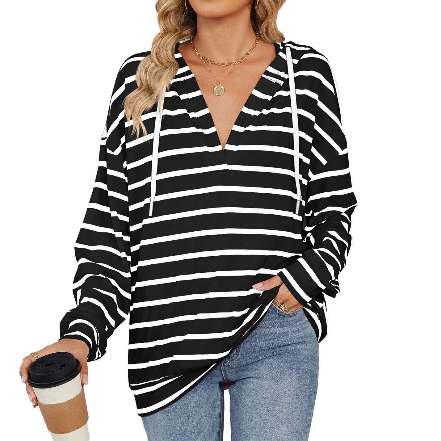 Wenda - Camicia casual a righe con cappuccio per donne