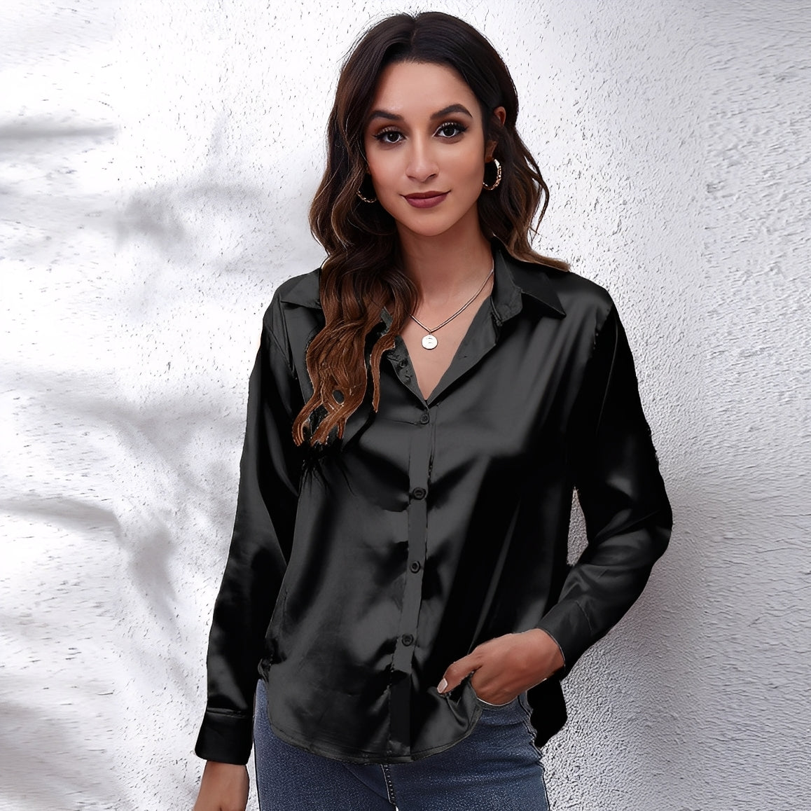 Haylee - Camicia casual in seta a maniche lunghe per donne