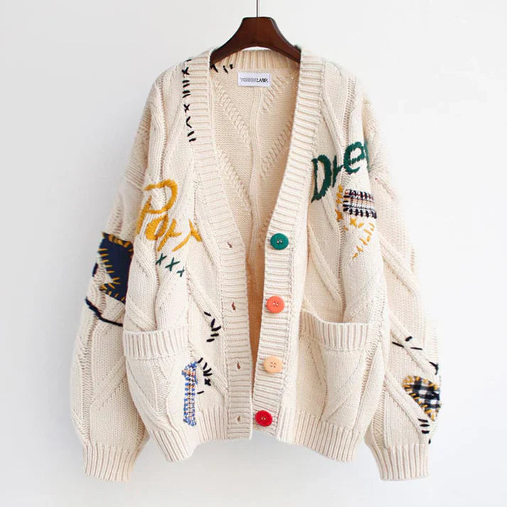Pirena - Cardigan in Maglia Elegante con Dettagli Unici in Patchwork