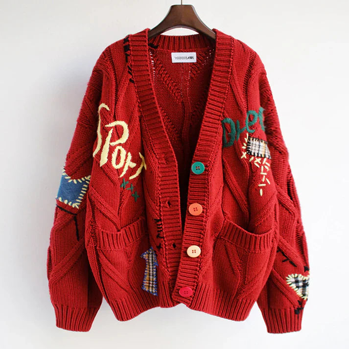 Pirena - Cardigan in Maglia Elegante con Dettagli Unici in Patchwork