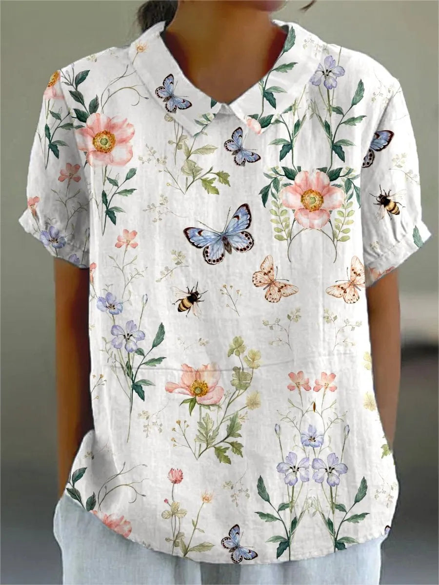 Hailey - Elegante Blusa in Cotone-Lino con Stampa Floreale