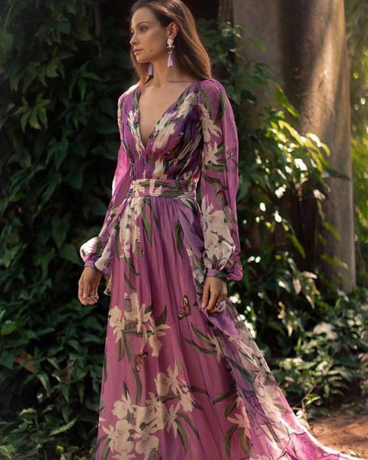 Lindsay - Elegante Abito in Chiffon Floreale con Scollatura a V