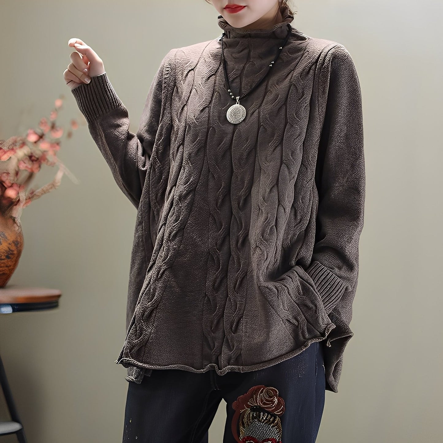 Merla - Maglione casual a collo alto con spacco laterale per donna