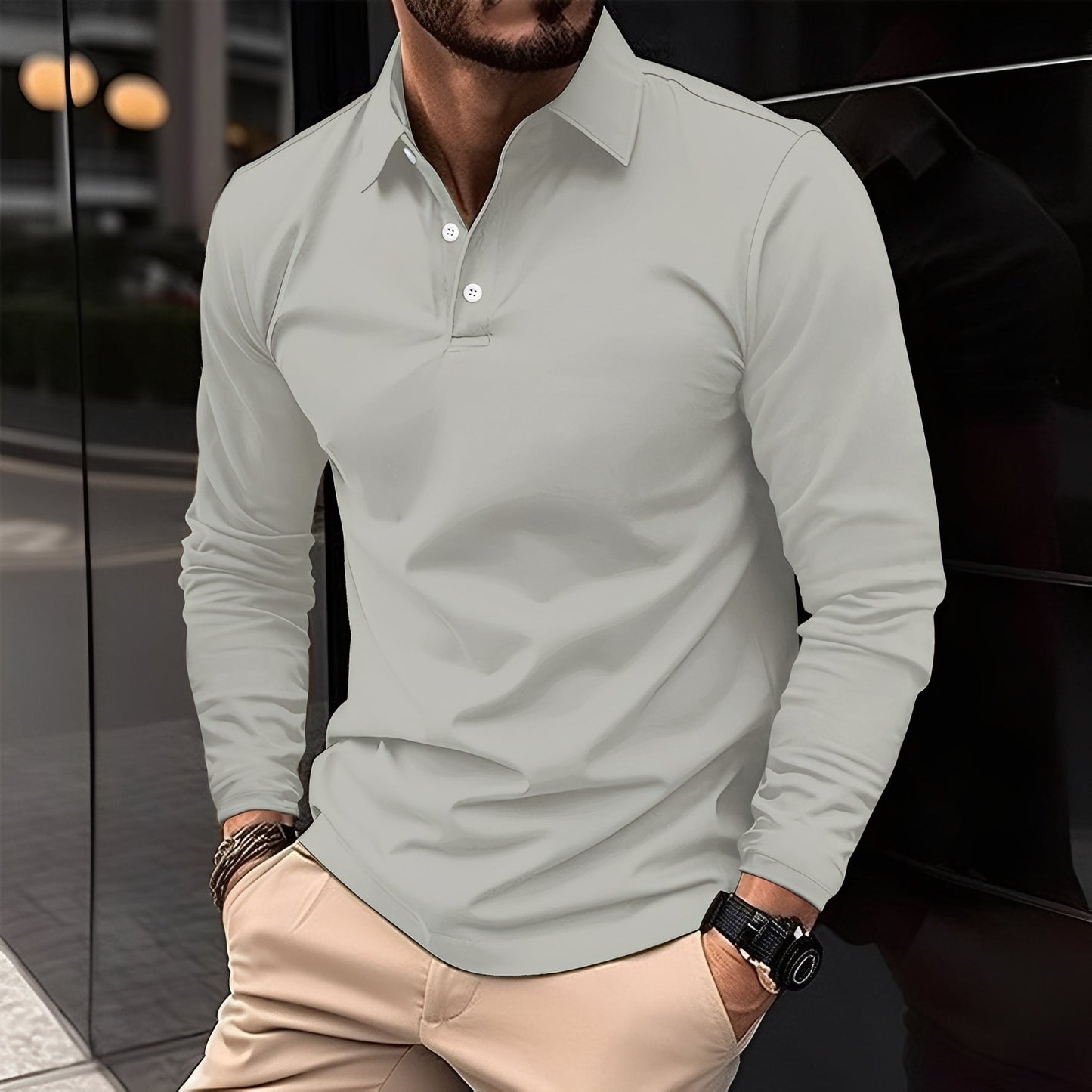 Dudley - Polo uomo a maniche lunghe con bottoni, stile informale