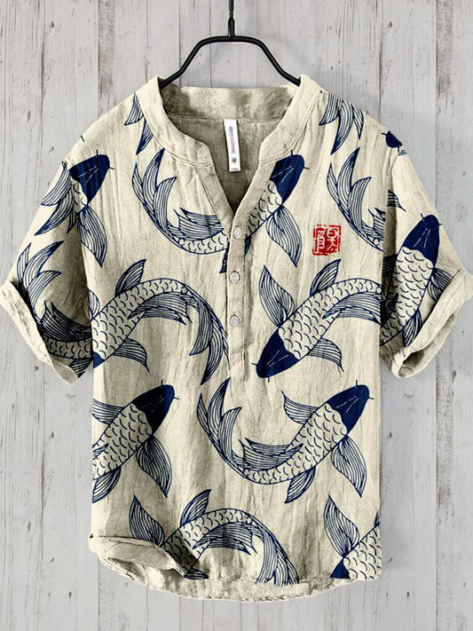 Ogie - Camicia in Lino con Design Artistico Ispirato al Pesce Vintage