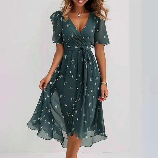 Emelia - Abito Midi Verde Groovy a Maniche Corte