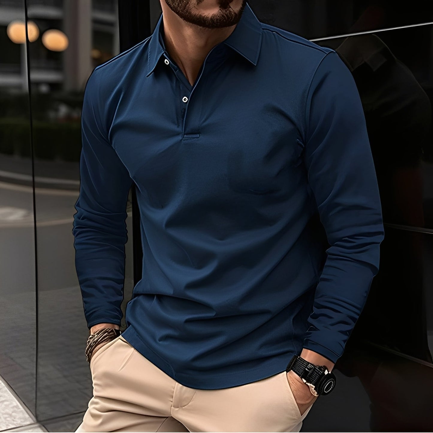 Dudley - Polo uomo a maniche lunghe con bottoni, stile informale