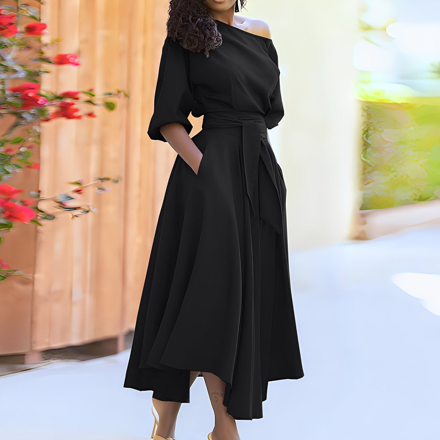 Dahlia - Elegante vestito senza spalline con cintura per donne