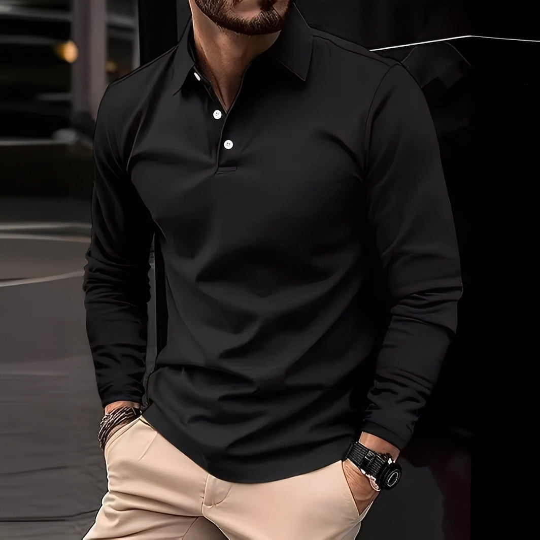 Dudley - Polo uomo a maniche lunghe con bottoni, stile informale