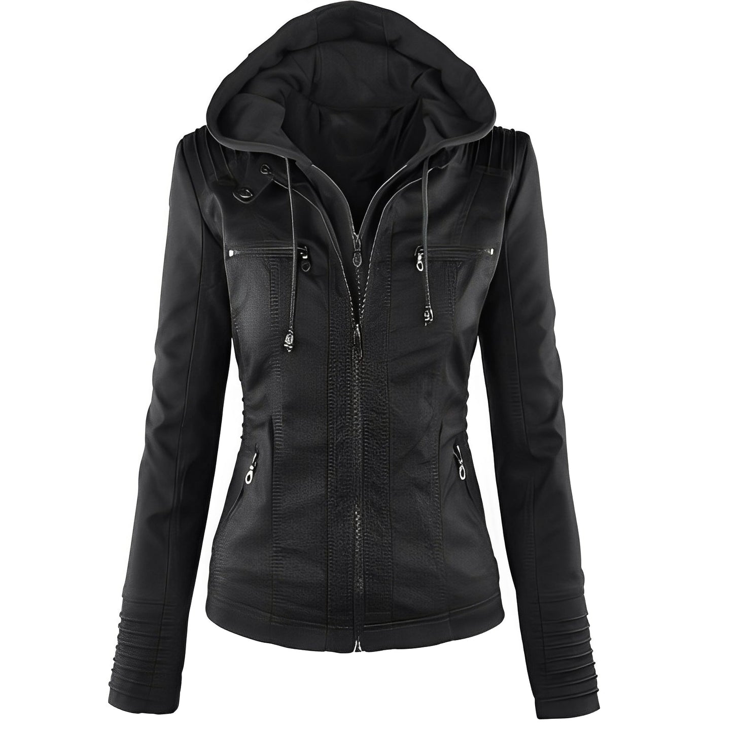 Janene - Giacca casual impermeabile in pelle con cappuccio per donne