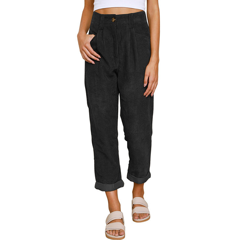 Chelsie - Pantaloni a vita alta casual in velluto a coste per donne