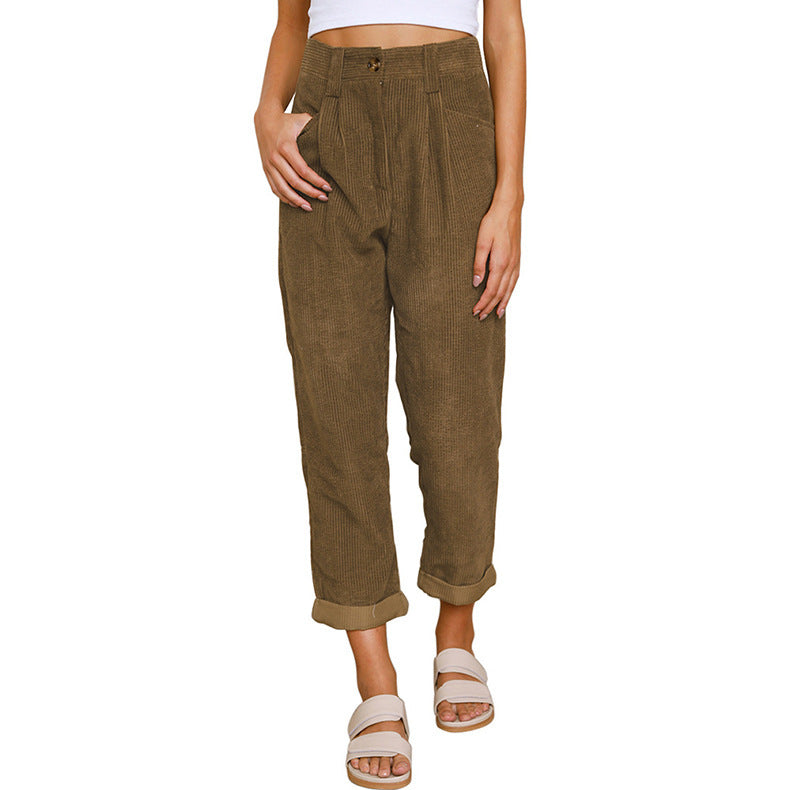 Chelsie - Pantaloni a vita alta casual in velluto a coste per donne