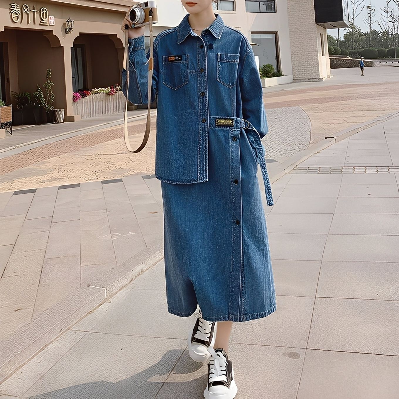 Christabel - Vestito lungo retro in jeans con tasche per donne