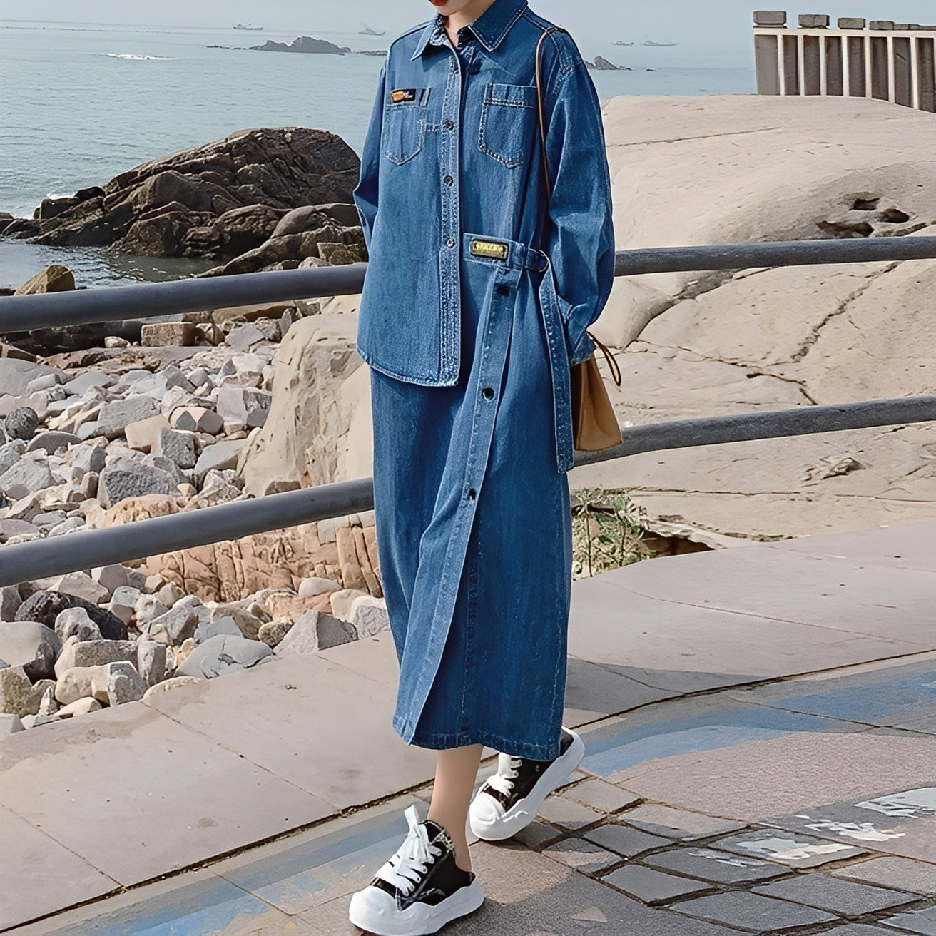 Christabel - Vestito lungo retro in jeans con tasche per donne