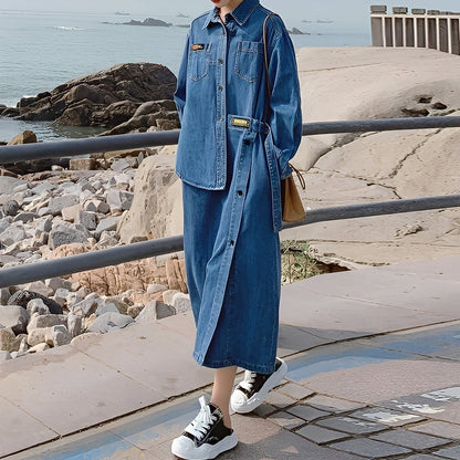 Christabel - Vestito lungo retro in jeans con tasche per donne