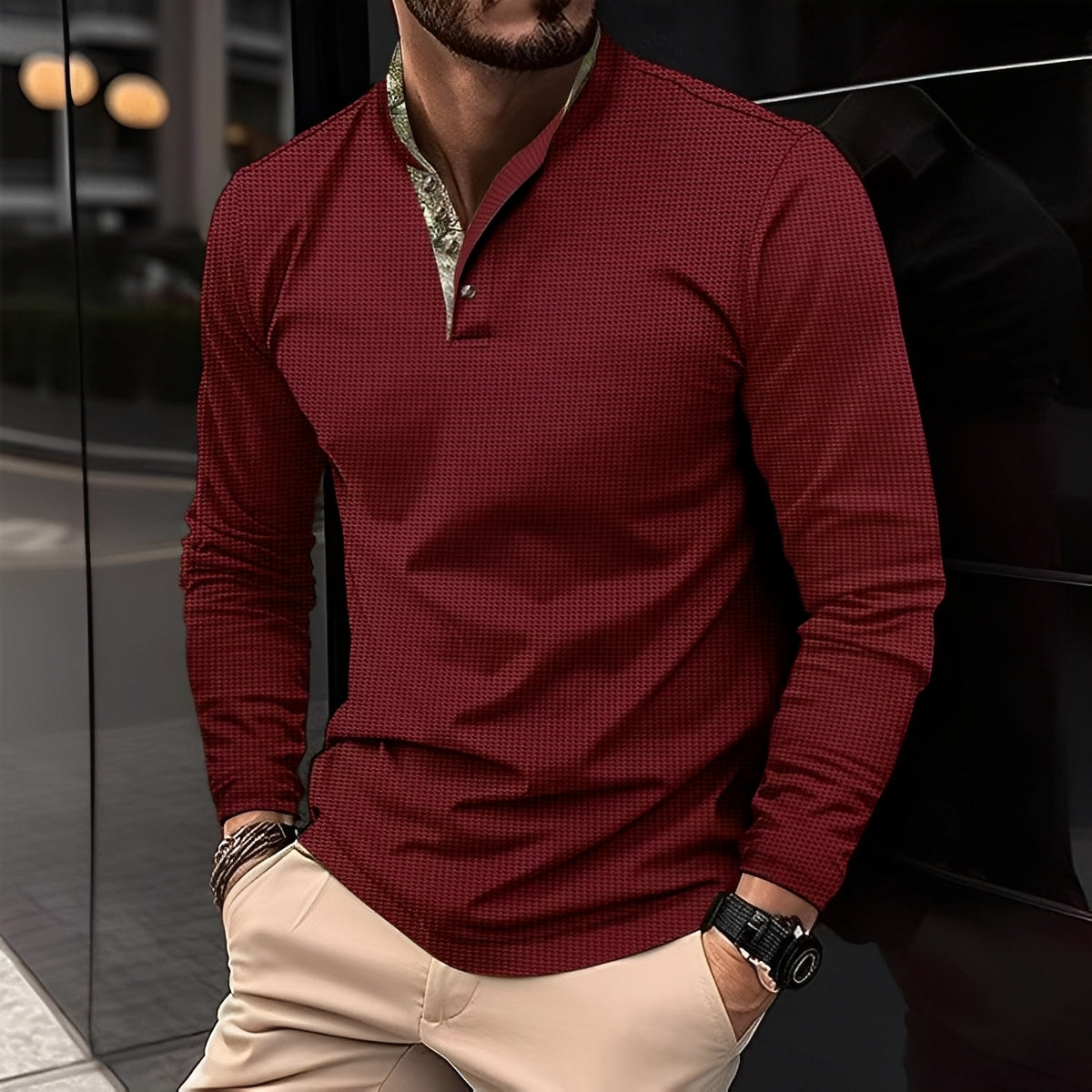 Crofton - Elegante maglione polo a maniche lunghe con motivo a nido d'ape per uomo