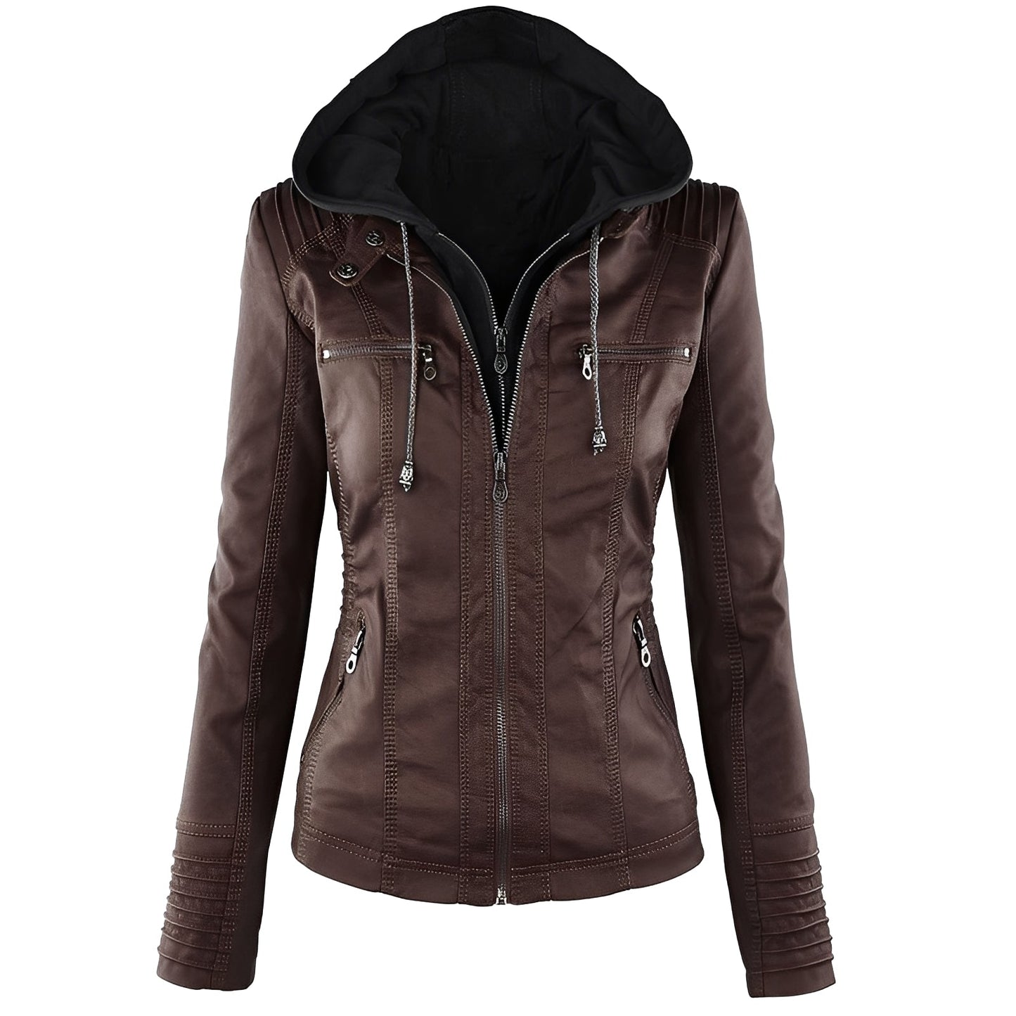 Janene - Giacca casual impermeabile in pelle con cappuccio per donne