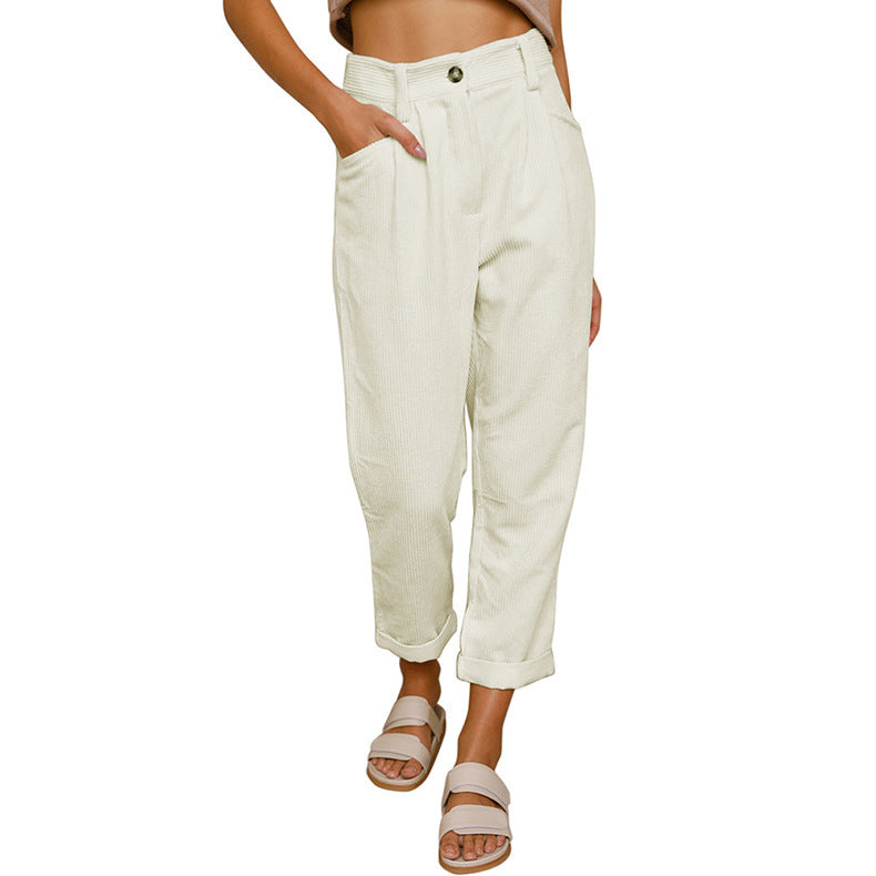 Chelsie - Pantaloni a vita alta casual in velluto a coste per donne