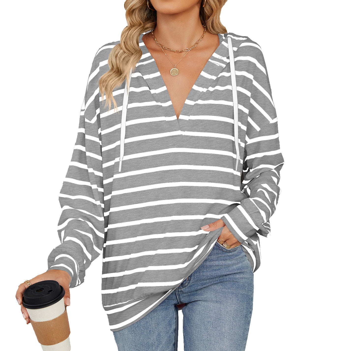 Wenda - Camicia casual a righe con cappuccio per donne