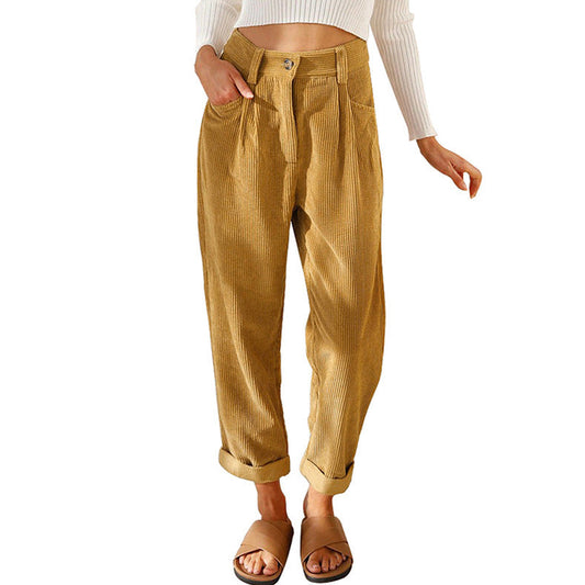 Chelsie - Pantaloni a vita alta casual in velluto a coste per donne