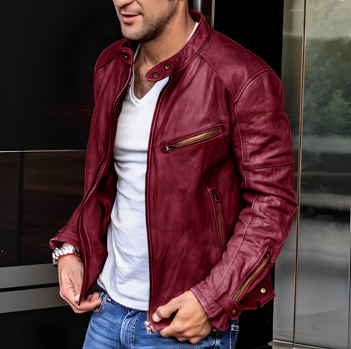 Hayden - Giacca in pelle classica con tasche a zip per uomo