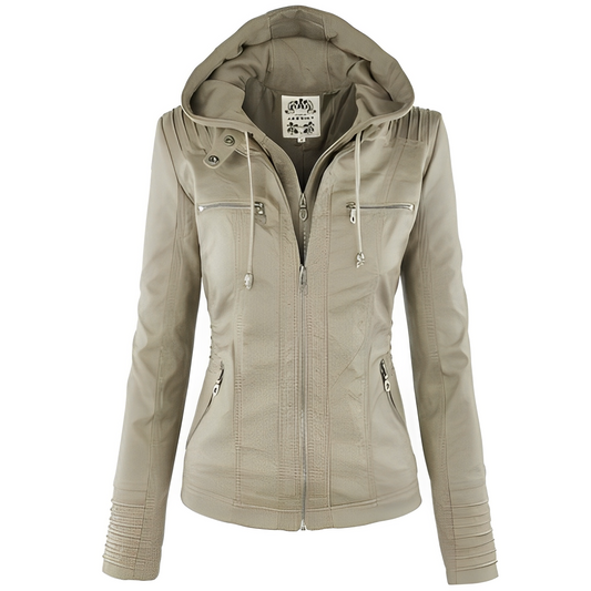 Janene - Giacca casual impermeabile in pelle con cappuccio per donne