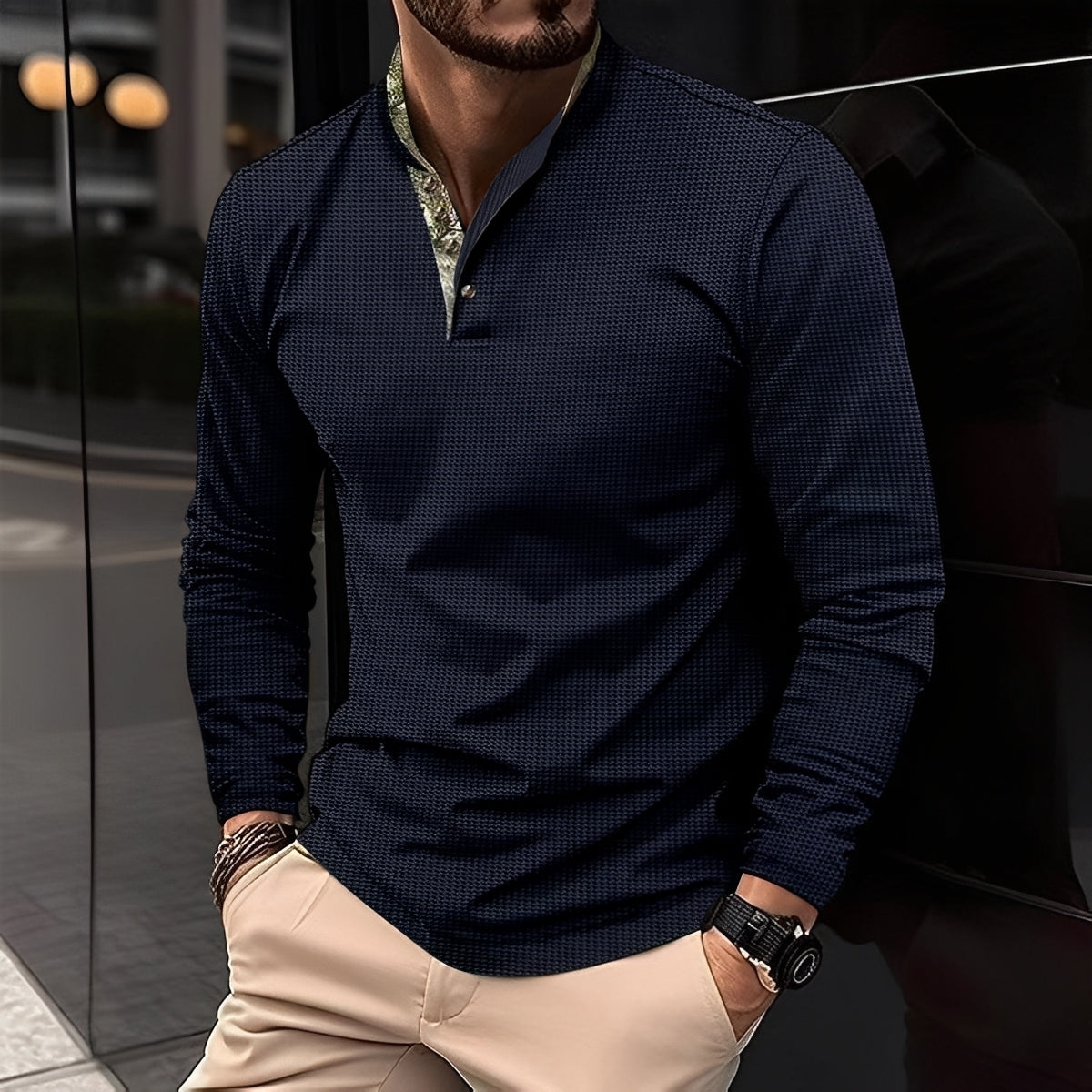 Crofton - Elegante maglione polo a maniche lunghe con motivo a nido d'ape per uomo
