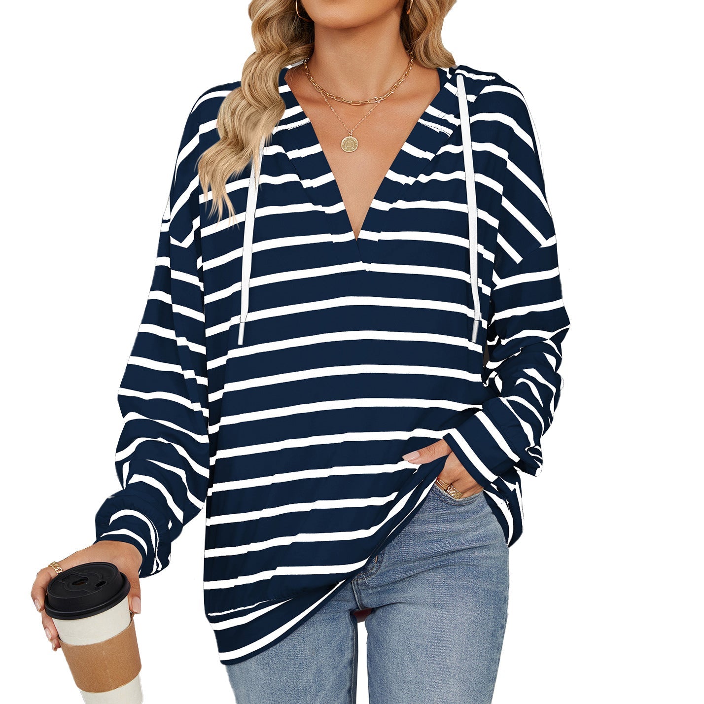 Wenda - Camicia casual a righe con cappuccio per donne