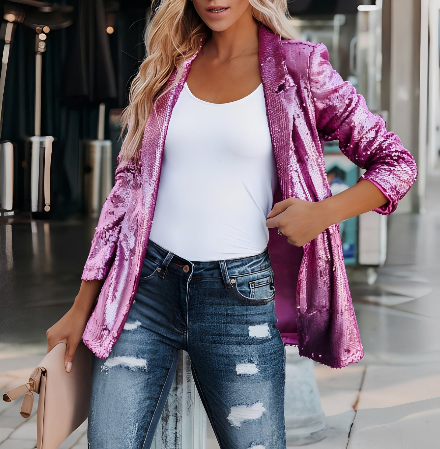 Abigaëlle - Blazer con revers in paillettes per donna