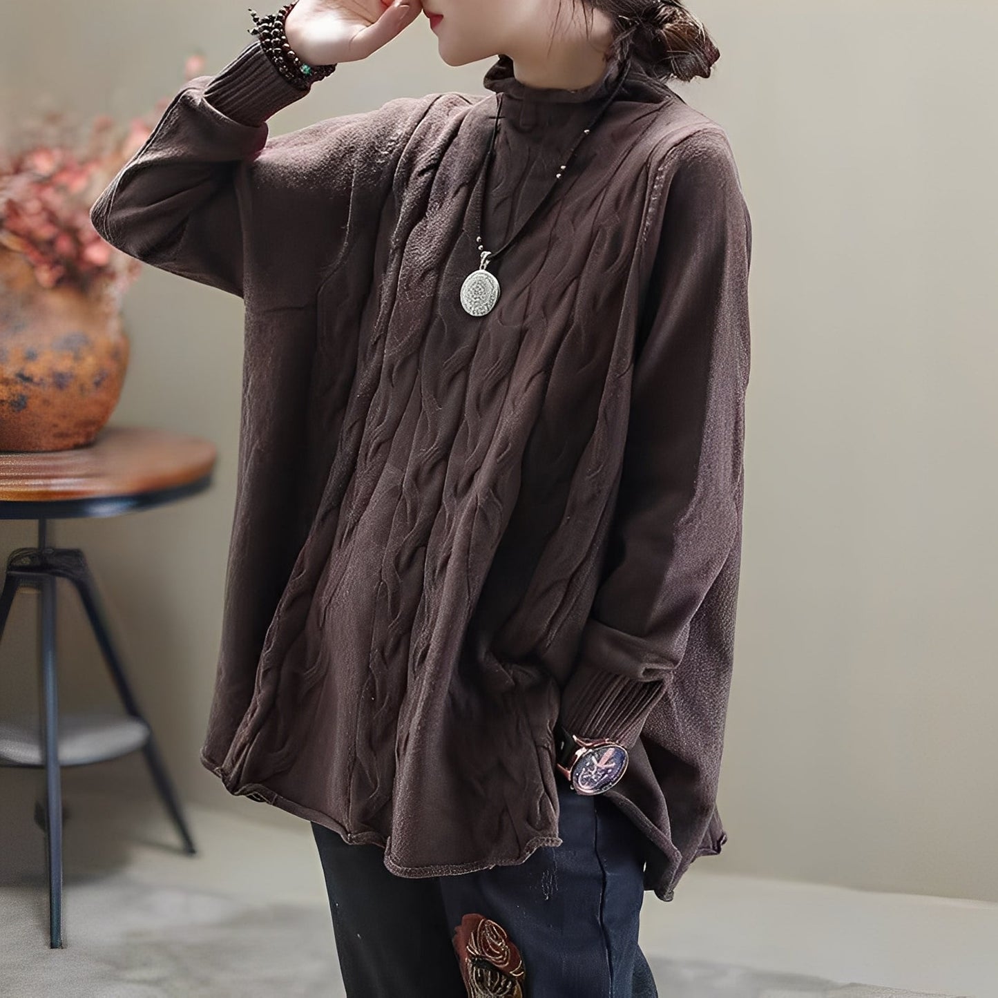 Merla - Maglione casual a collo alto con spacco laterale per donna