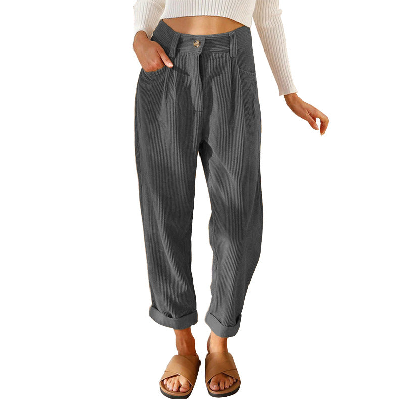 Chelsie - Pantaloni a vita alta casual in velluto a coste per donne