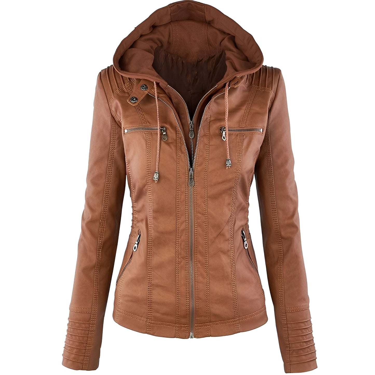 Janene - Giacca casual impermeabile in pelle con cappuccio per donne