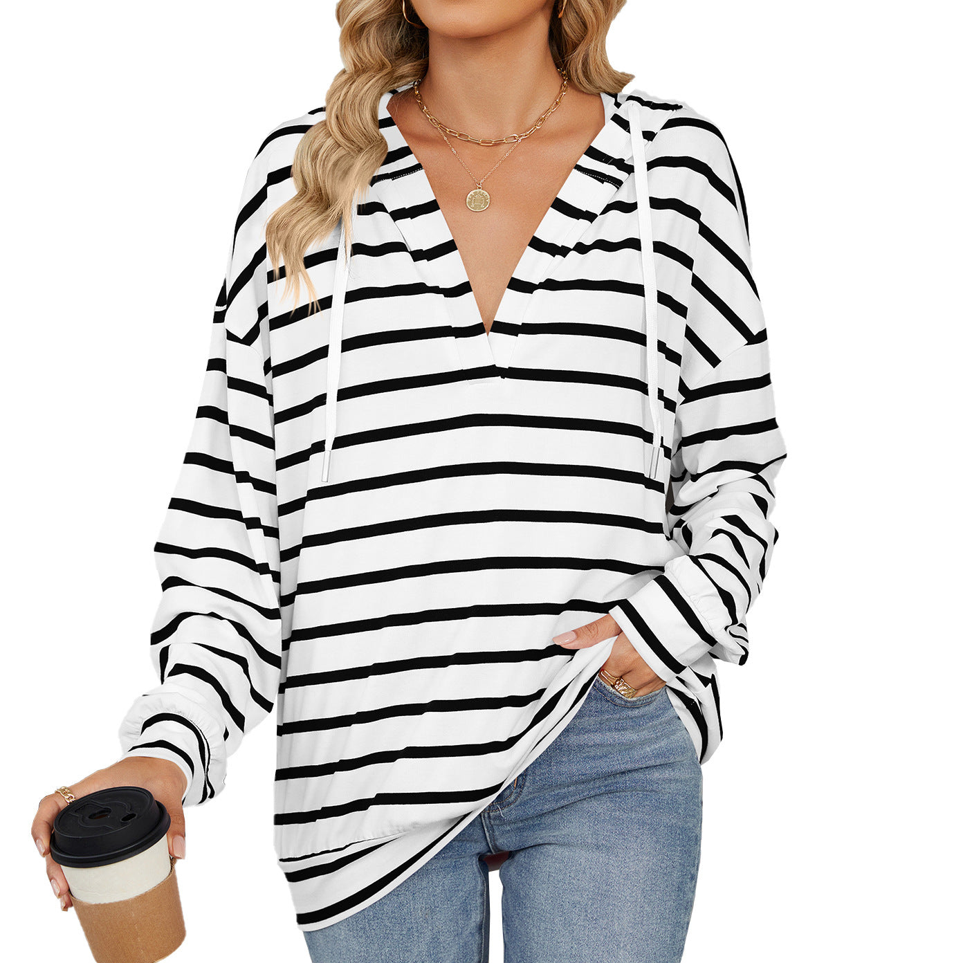 Wenda - Camicia casual a righe con cappuccio per donne