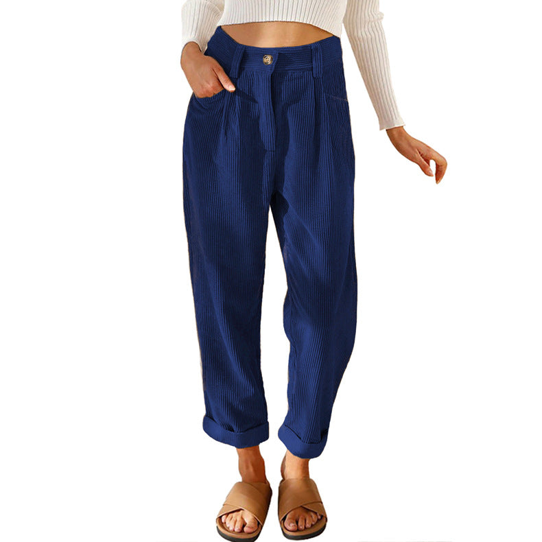 Chelsie - Pantaloni a vita alta casual in velluto a coste per donne