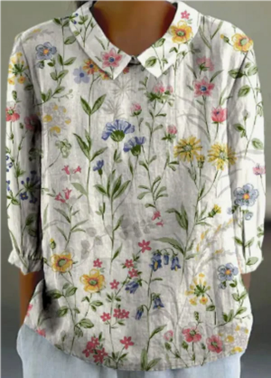 Camila - Top in Lino con Stampa Floreale Sofisticata