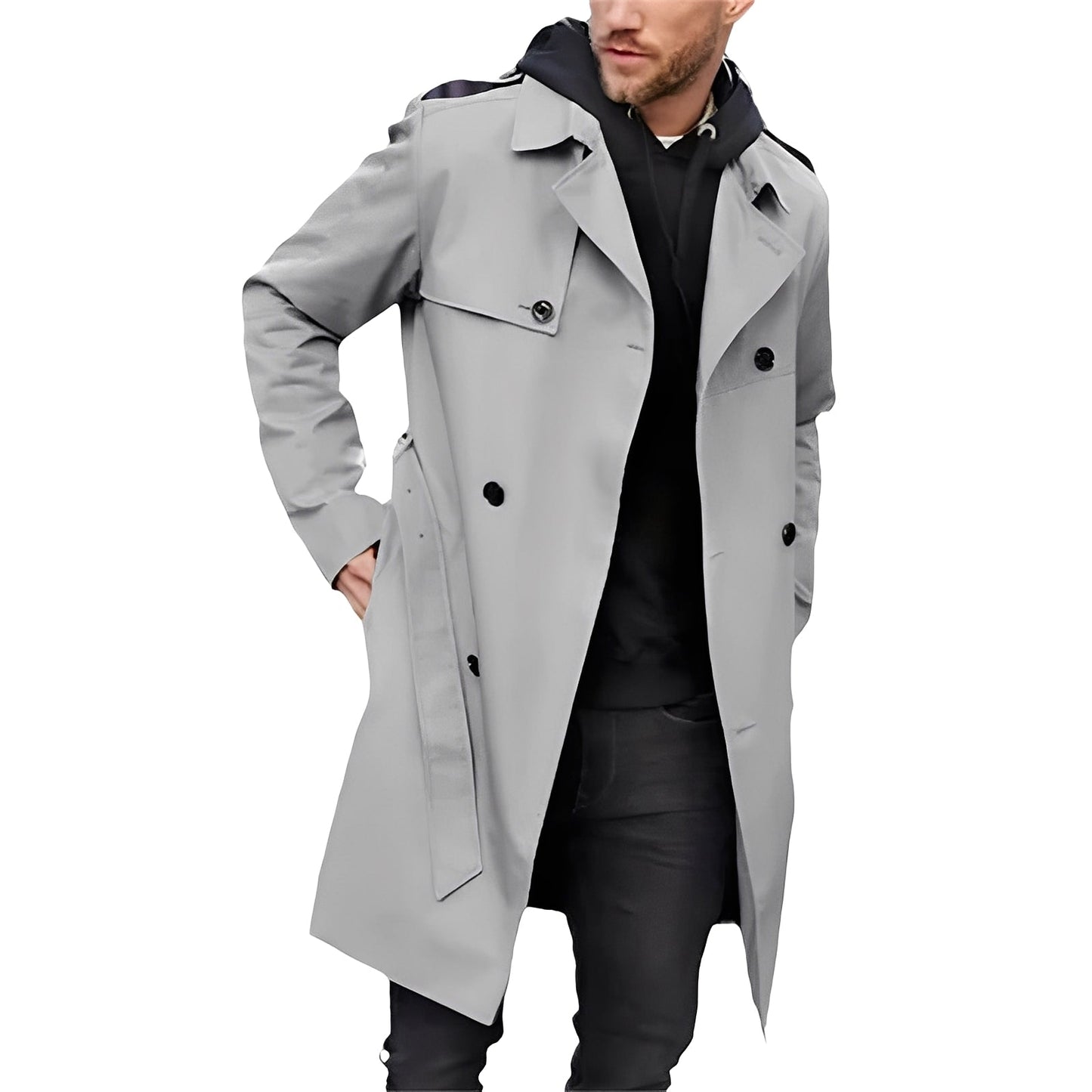 Jaycob - Trench coat lungo doppiopetto versatile per uomo