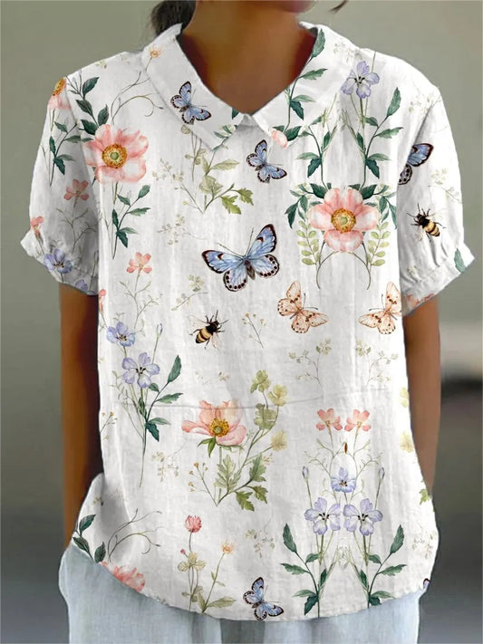 Hailey - Elegante Blusa in Cotone-Lino con Stampa Floreale